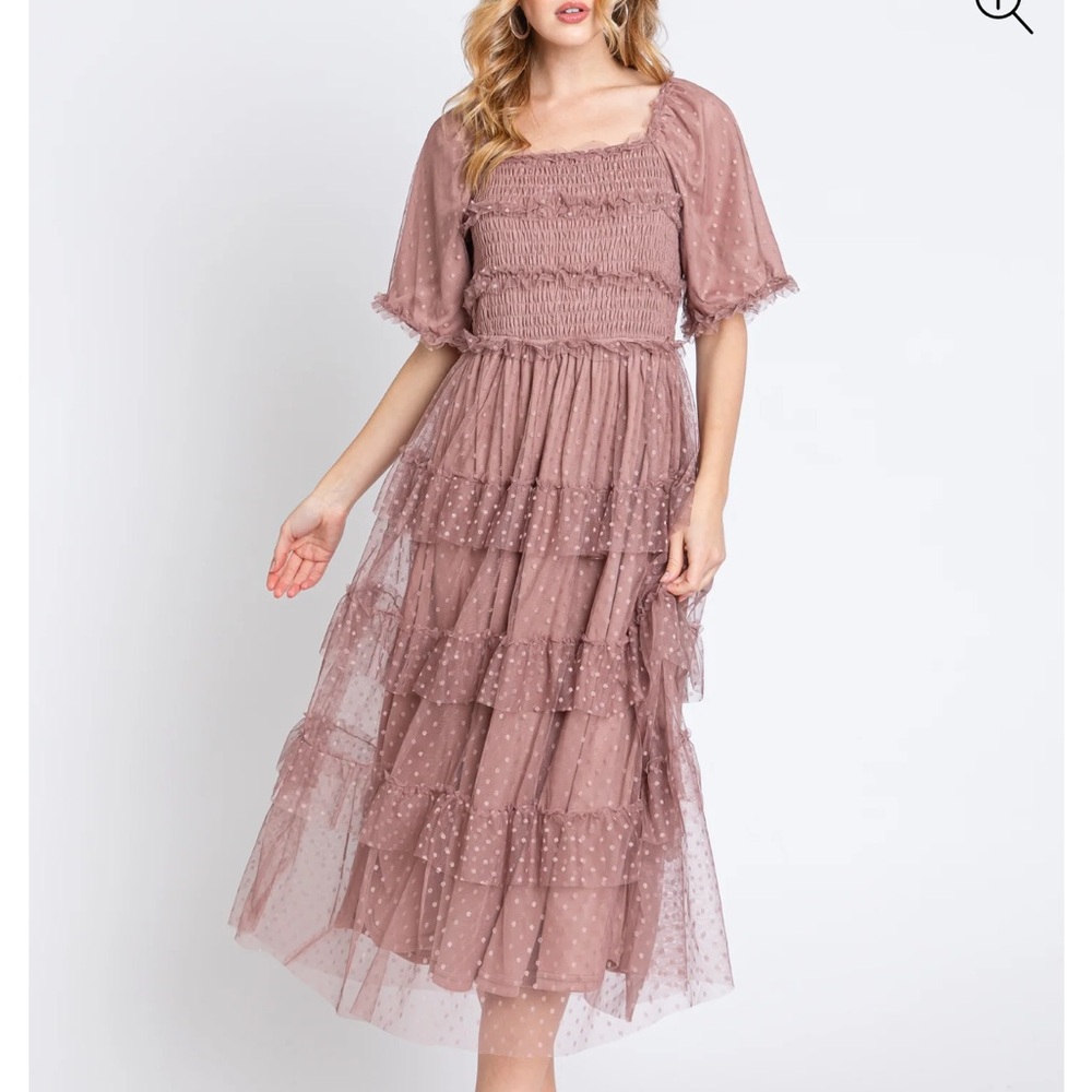 Pink Dot Smocked Ruffle Tiered Maternity Midi Dress - Picture 2 of 7